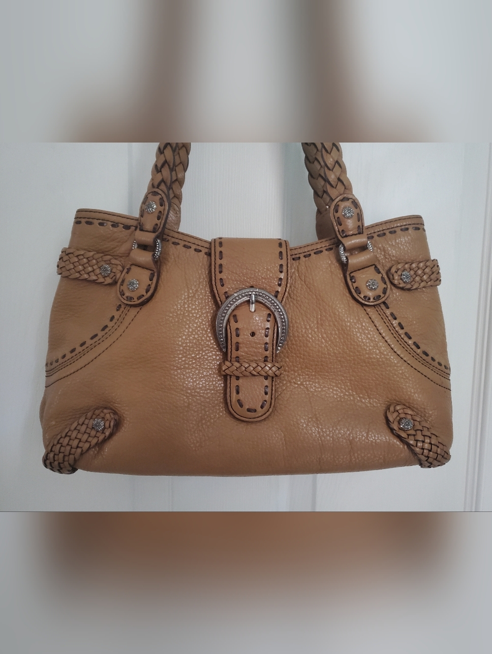 Brighton Tan Leather Shoulder Bag Braided Handles Large Buckle Studded Western